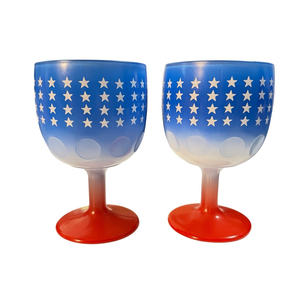 Vintage Pair of Blue & Red Thumbprint Goblets | Stars Patriotic Pressed Glass 6" - Picture 15 of 16